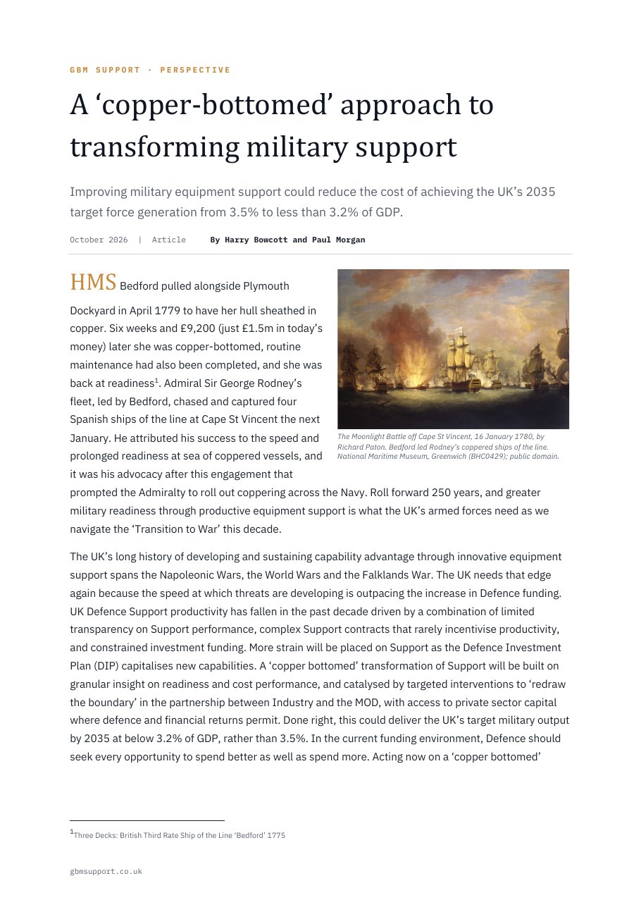 Front page of the GBM Support article ‘A copper-bottomed approach to transforming military support’.